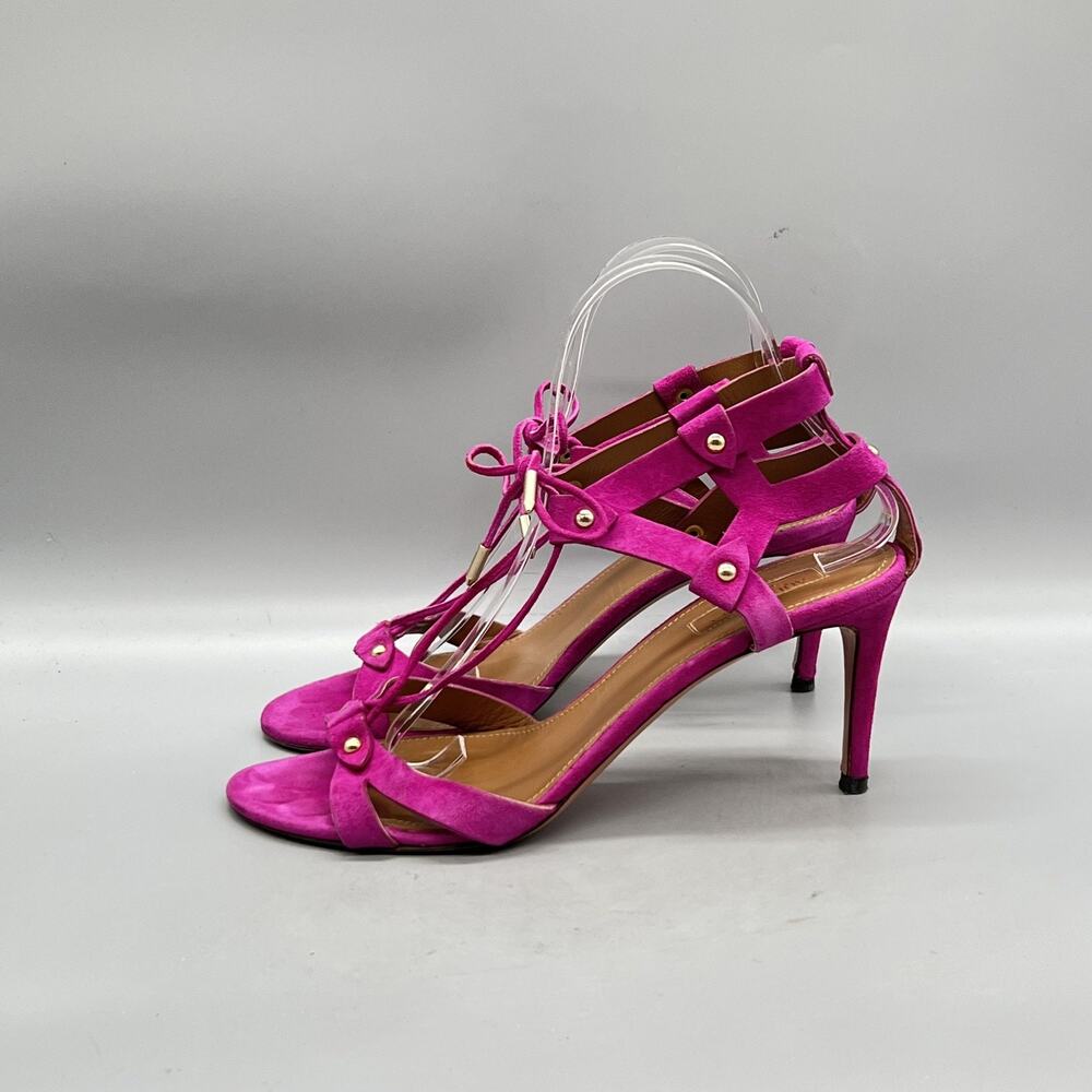 Aquazzura Sandals Womens 9.5 Pink Suede Strappy Lace Up Studded Heel Open Toe - Picture 4 of 11